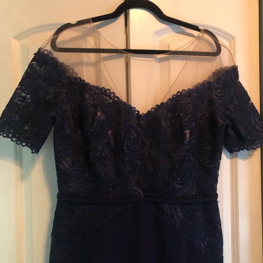 Navy Blue off the Shoulder Illusion Cocktail Gown